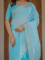 Aqua Blue Pure Handloom Mul Cotton Saree with Striped Weaving & Tassel Detailing