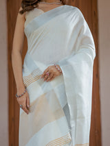 Pure White & Mustard Gold Handloom Mul Cotton Saree with Minimal Striped Border & Tassel Detailing