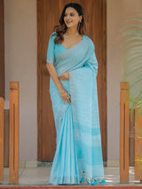 Aqua Blue Pure Handloom Mul Cotton Saree with Striped Weaving & Tassel Detailing