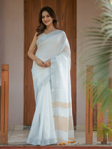 Pure White & Mustard Gold Handloom Mul Cotton Saree with Minimal Striped Border & Tassel Detailing