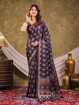 Charcoal Grey Pure Chinnon Ajrakh Printed Saree with Tassel Edges, Traditional Floral Print & Matching Blouse Piece