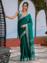 Elegant Emerald Green Pure Handloom Mul Cotton Saree with Silver Border & Tassel Detailing