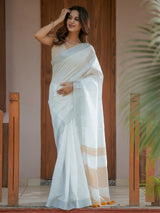 Pure White & Mustard Gold Handloom Mul Cotton Saree with Minimal Striped Border & Tassel Detailing