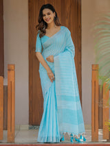 Aqua Blue Pure Handloom Mul Cotton Saree with Striped Weaving & Tassel Detailing