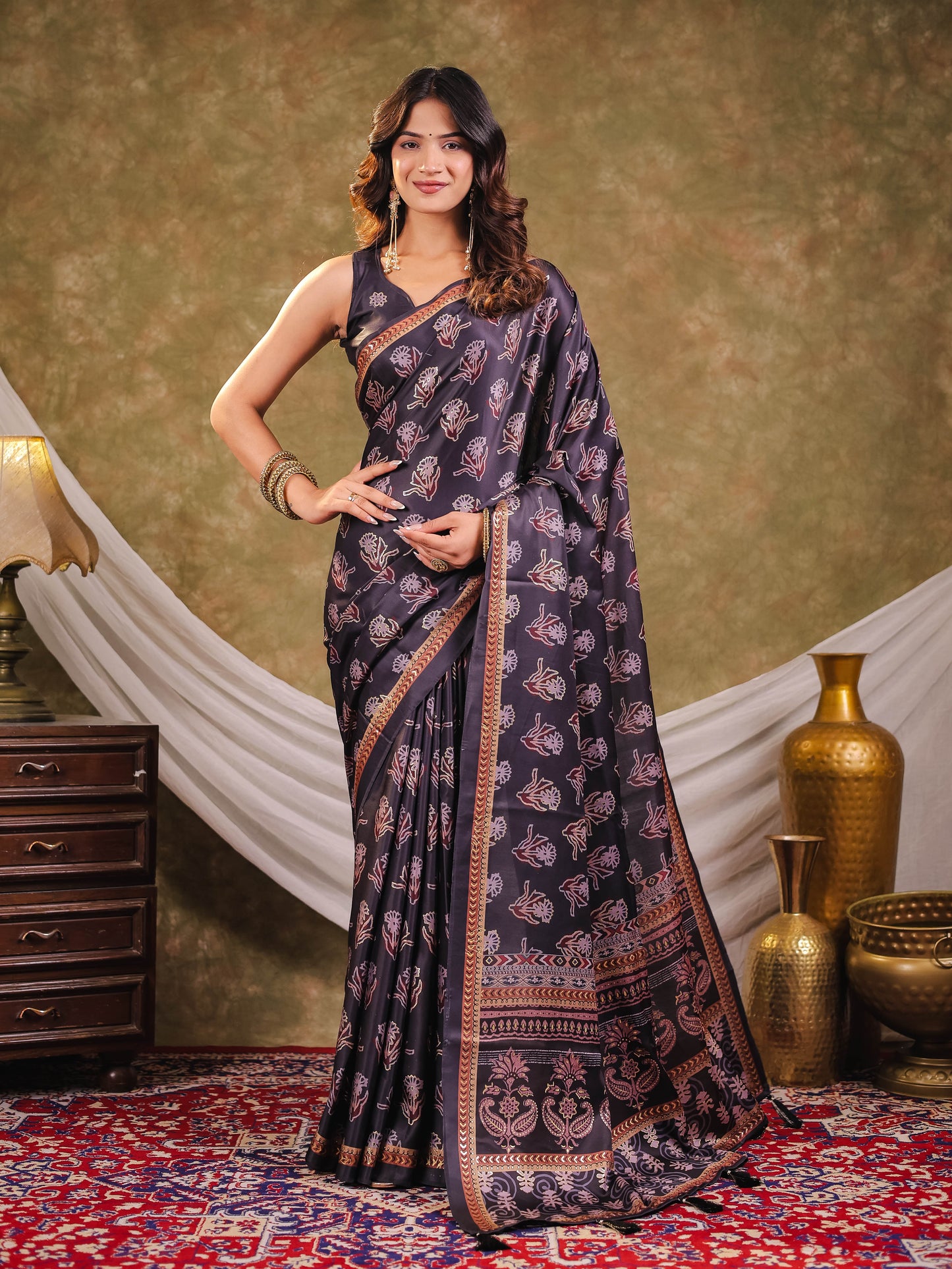 Charcoal Grey Pure Chinnon Ajrakh Printed Saree with Tassel Edges, Traditional Floral Print & Matching Blouse Piece