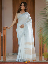Pure White & Mustard Gold Handloom Mul Cotton Saree with Minimal Striped Border & Tassel Detailing