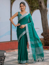 Elegant Emerald Green Pure Handloom Mul Cotton Saree with Silver Border & Tassel Detailing