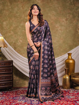 Charcoal Grey Pure Chinnon Ajrakh Printed Saree with Tassel Edges, Traditional Floral Print & Matching Blouse Piece