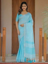 Aqua Blue Pure Handloom Mul Cotton Saree with Striped Weaving & Tassel Detailing