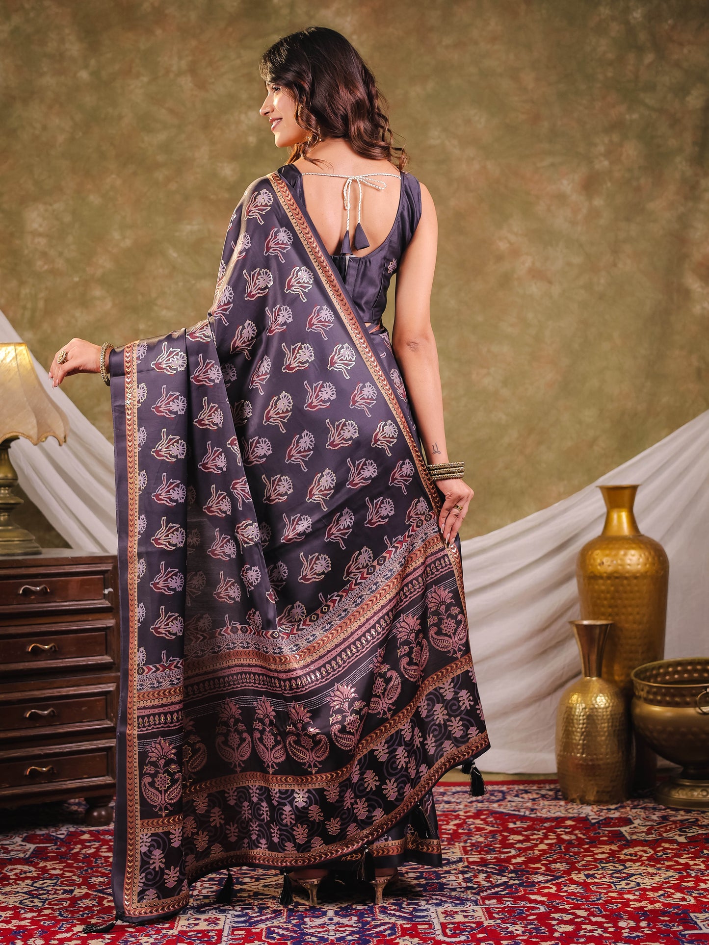Charcoal Grey Pure Chinnon Ajrakh Printed Saree with Tassel Edges, Traditional Floral Print & Matching Blouse Piece