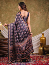 Charcoal Grey Pure Chinnon Ajrakh Printed Saree with Tassel Edges, Traditional Floral Print & Matching Blouse Piece
