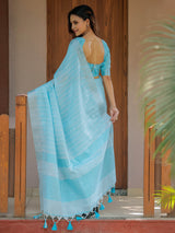 Aqua Blue Pure Handloom Mul Cotton Saree with Striped Weaving & Tassel Detailing