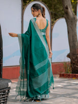 Elegant Emerald Green Pure Handloom Mul Cotton Saree with Silver Border & Tassel Detailing