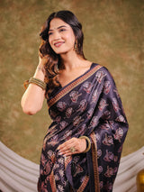 Charcoal Grey Pure Chinnon Ajrakh Printed Saree with Tassel Edges, Traditional Floral Print & Matching Blouse Piece