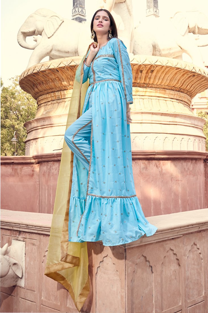 Blue Colored Semi Stitched Kurti & Unstitched Pant Set