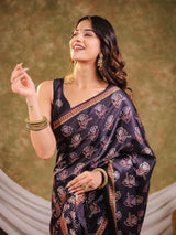 Charcoal Grey Pure Chinnon Ajrakh Printed Saree with Tassel Edges, Traditional Floral Print & Matching Blouse Piece