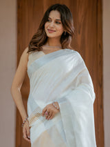 Pure White & Mustard Gold Handloom Mul Cotton Saree with Minimal Striped Border & Tassel Detailing
