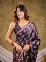 Charcoal Grey Pure Chinnon Ajrakh Printed Saree with Tassel Edges, Traditional Floral Print & Matching Blouse Piece