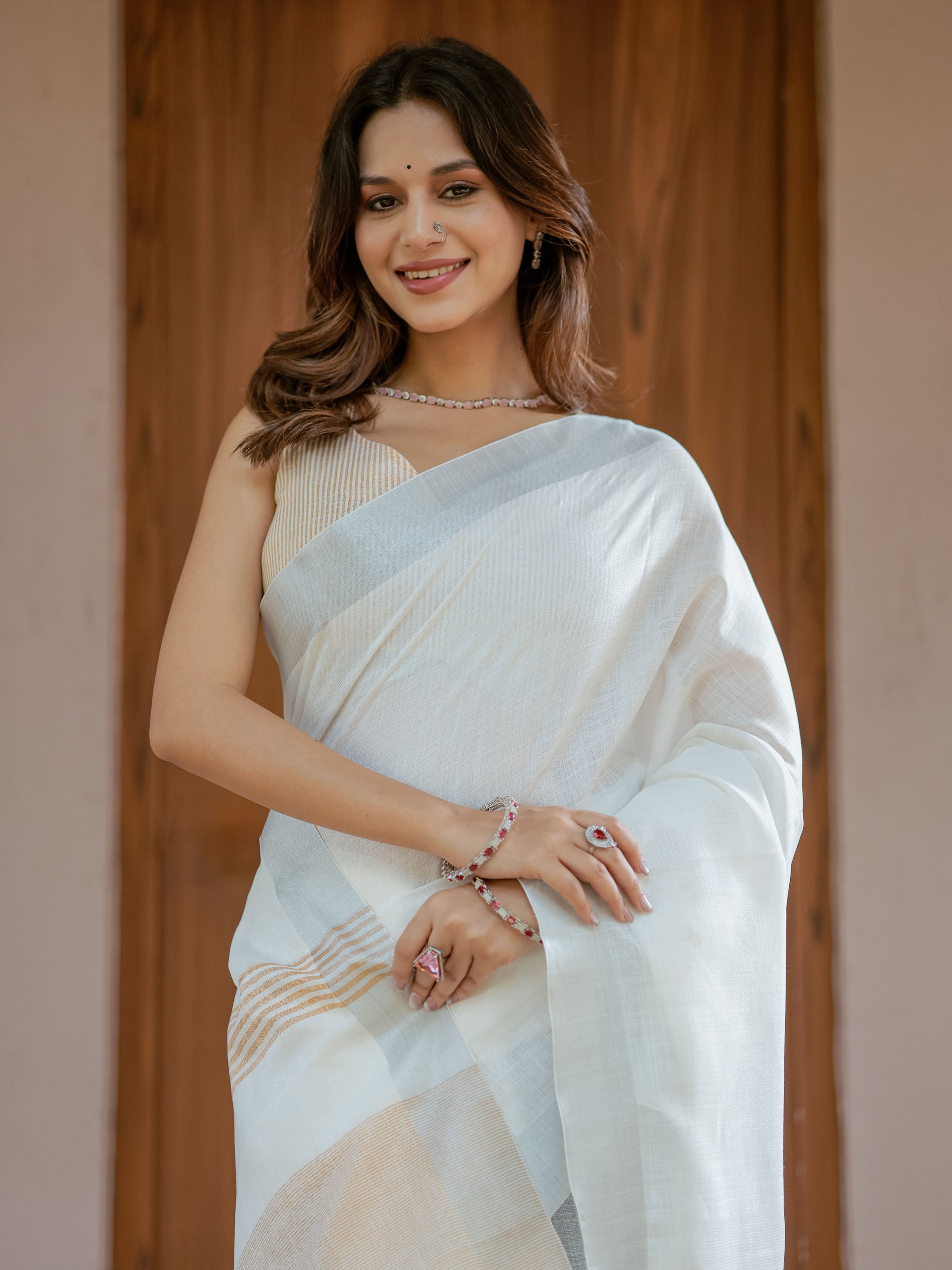 Pure White & Mustard Gold Handloom Mul Cotton Saree with Minimal Striped Border & Tassel Detailing
