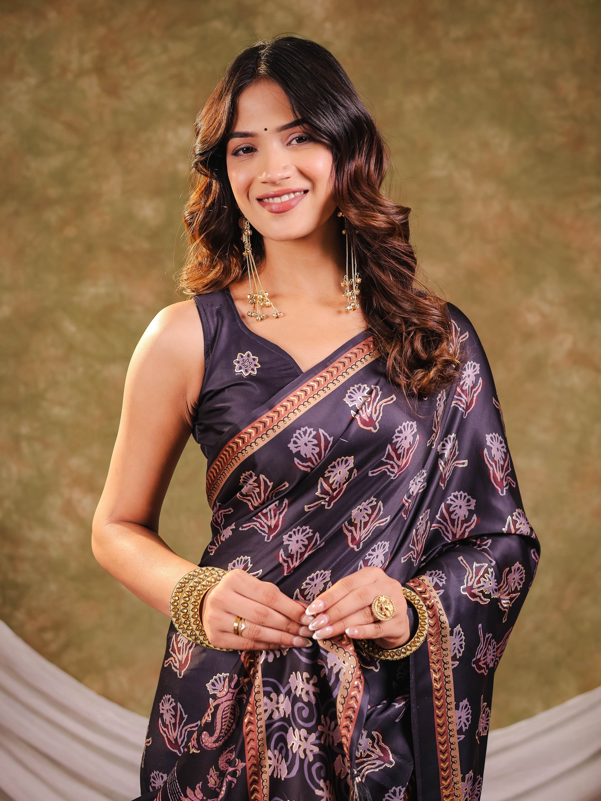 Charcoal Grey Pure Chinnon Ajrakh Printed Saree with Tassel Edges, Traditional Floral Print & Matching Blouse Piece