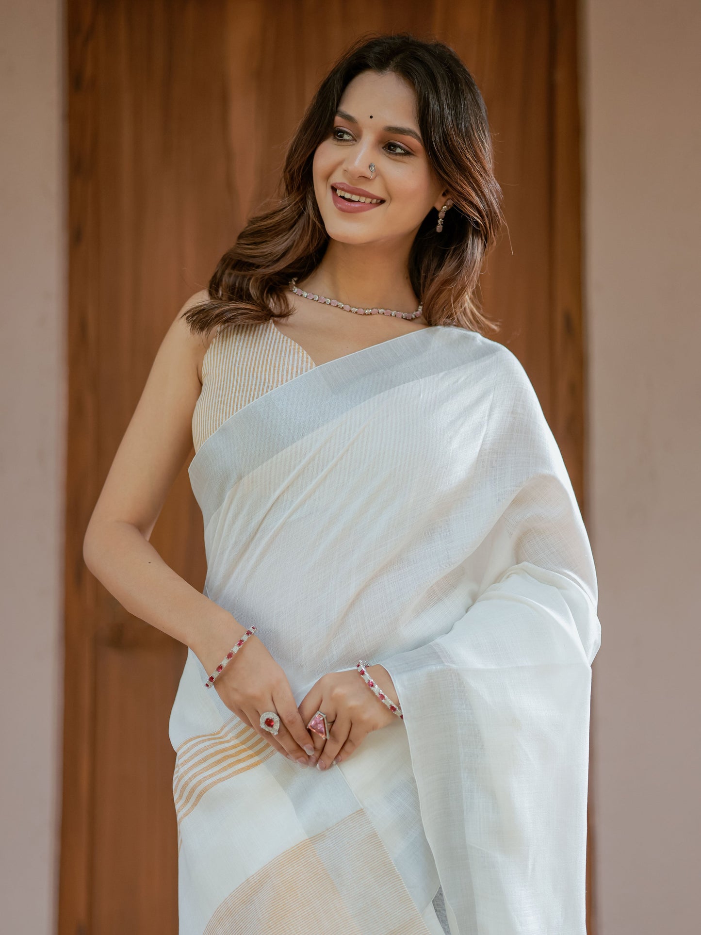 Pure White & Mustard Gold Handloom Mul Cotton Saree with Minimal Striped Border & Tassel Detailing