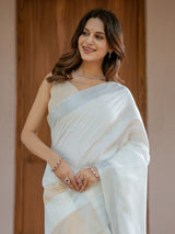 Pure White & Mustard Gold Handloom Mul Cotton Saree with Minimal Striped Border & Tassel Detailing