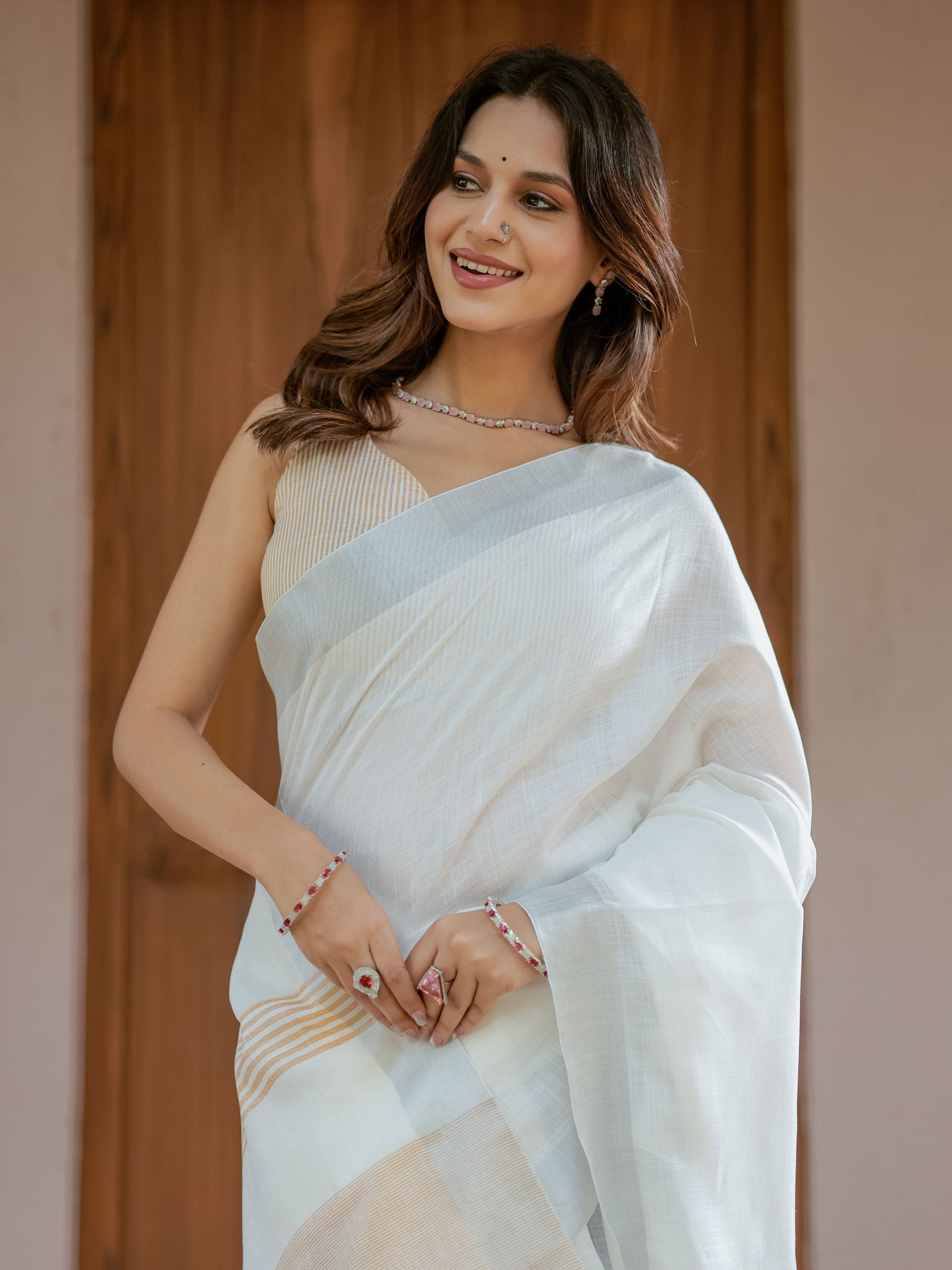 Pure White & Mustard Gold Handloom Mul Cotton Saree with Minimal Striped Border & Tassel Detailing