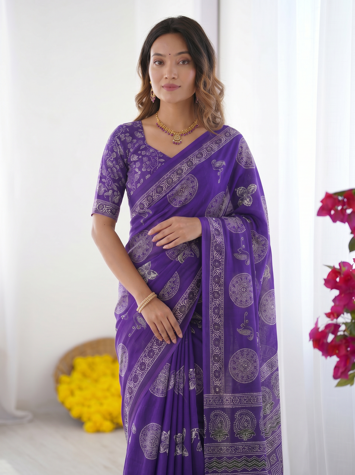 Royal purple modal silk saree with circular medallion print heritage designer pallu festive ethnic wear saree