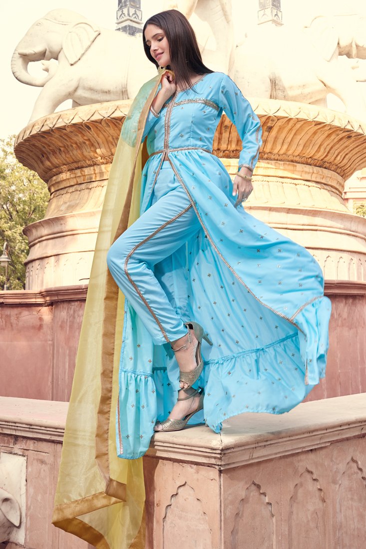 Blue Colored Semi Stitched Kurti & Unstitched Pant Set