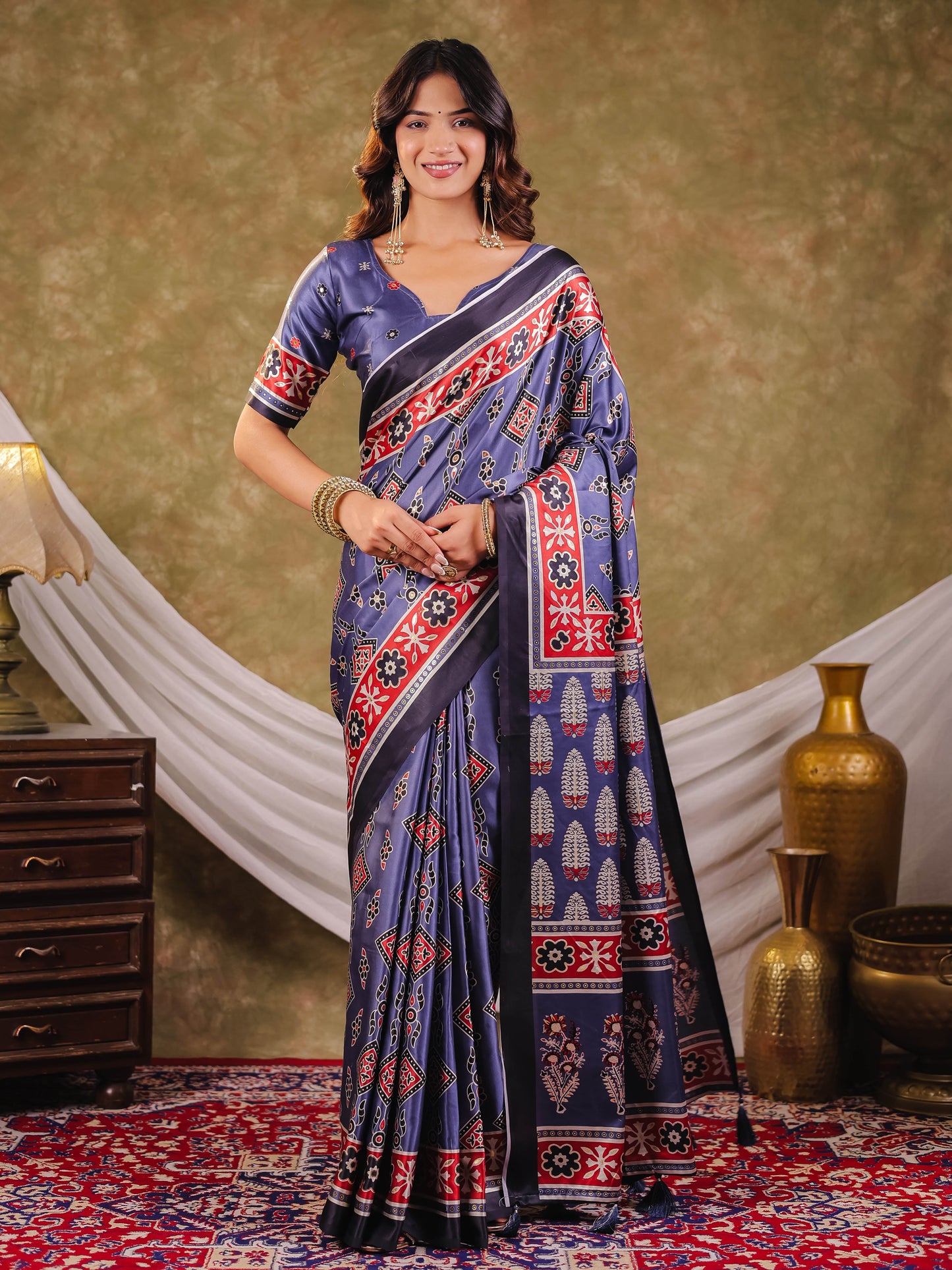 Steel Blue Pure Chinnon Ajrakh Printed Saree with Tassel Edges, Traditional Ethnic Print & Matching Blouse Piece