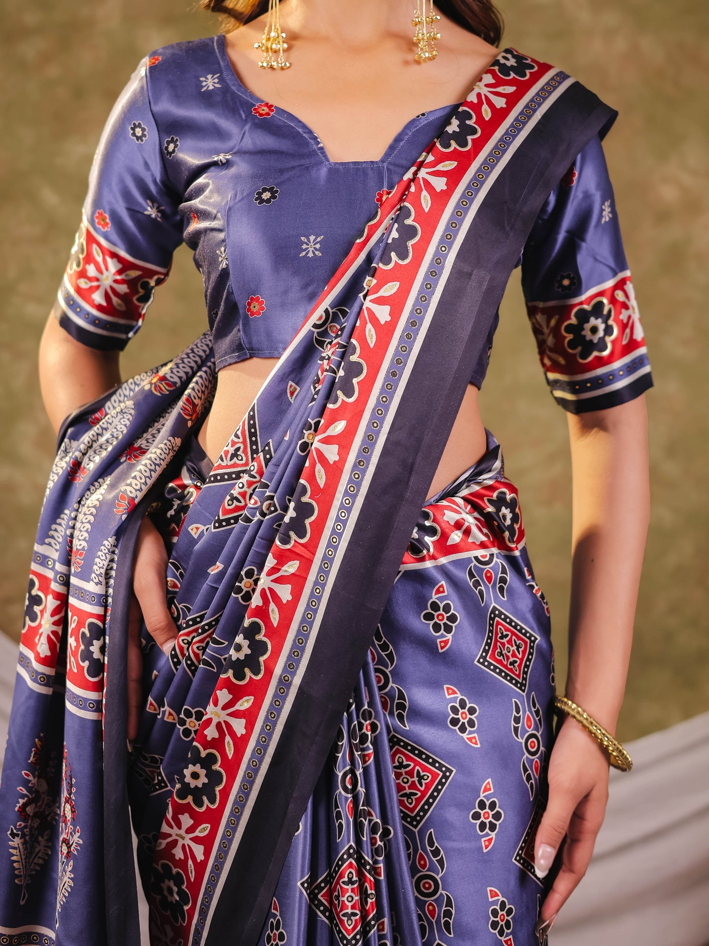 Steel Blue Pure Chinnon Ajrakh Printed Saree with Tassel Edges, Traditional Ethnic Print & Matching Blouse Piece