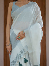Pure White & Teal Blue Handloom Mul Cotton Saree with Minimal Striped Border & Tassel Detailing