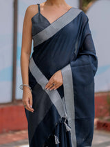 Elegant Midnight Navy Blue Pure Handloom Mul Cotton Saree with Silver Border & Tassel Detailing