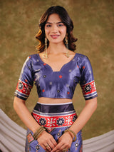 Steel Blue Pure Chinnon Ajrakh Printed Saree with Tassel Edges, Traditional Ethnic Print & Matching Blouse Piece