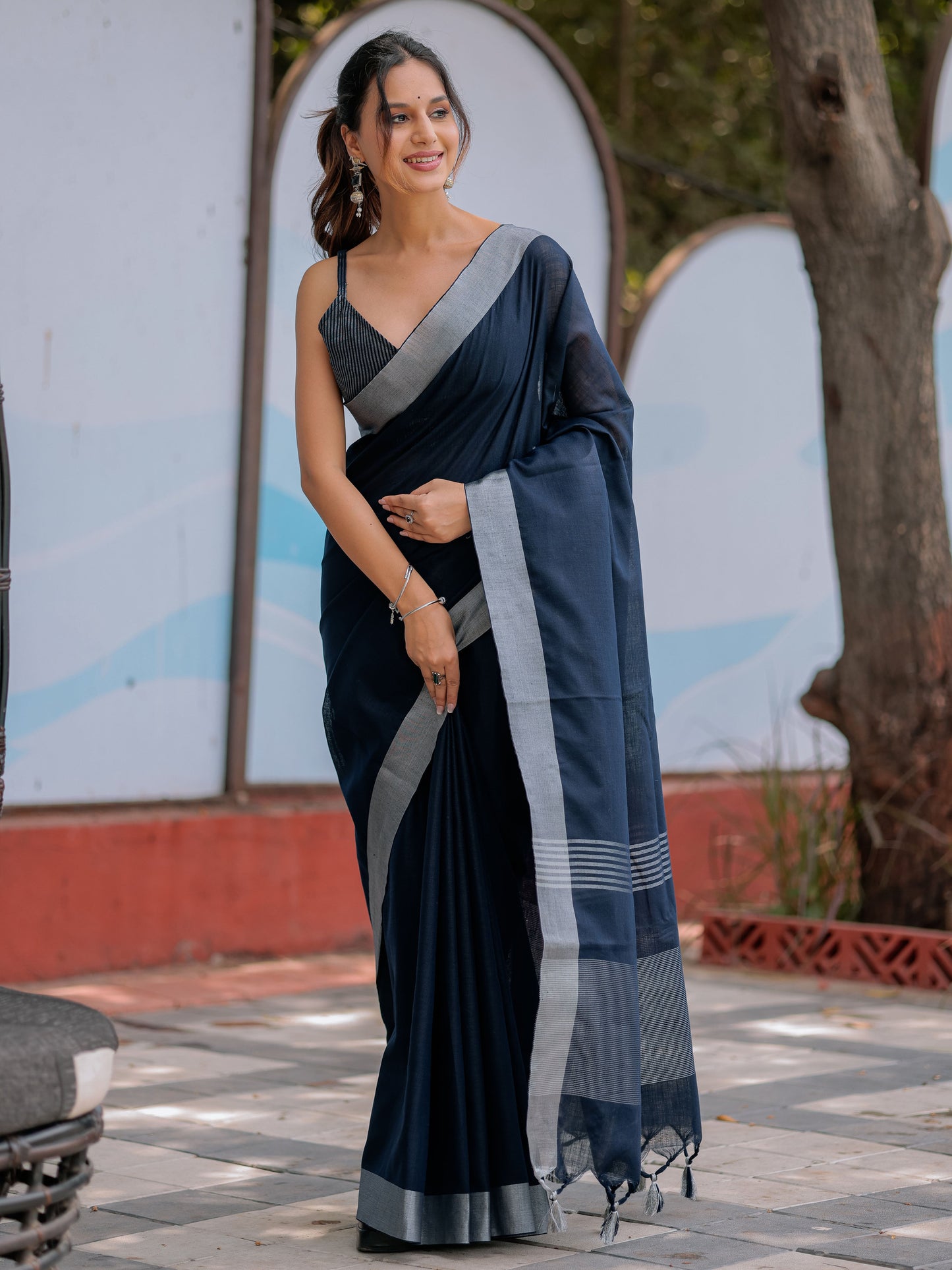 Elegant Midnight Navy Blue Pure Handloom Mul Cotton Saree with Silver Border & Tassel Detailing