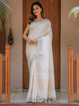 Ivory Cream Pure Handloom Mul Cotton Saree with Golden Striped Weaving & Tassel Detailing