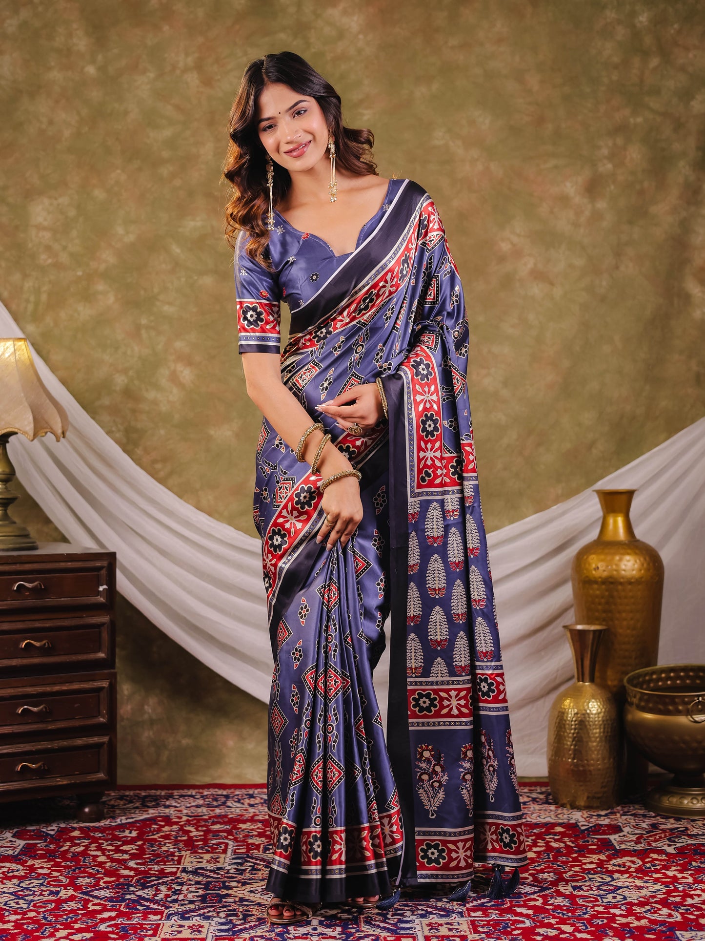 Steel Blue Pure Chinnon Ajrakh Printed Saree with Tassel Edges, Traditional Ethnic Print & Matching Blouse Piece