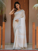 Ivory Cream Pure Handloom Mul Cotton Saree with Golden Striped Weaving & Tassel Detailing