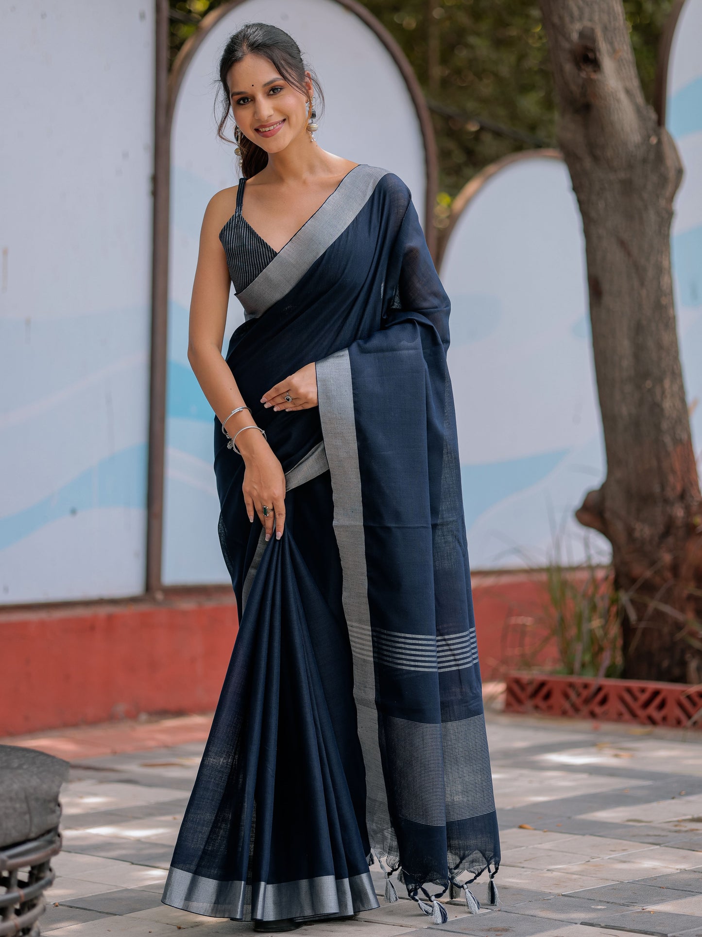Elegant Midnight Navy Blue Pure Handloom Mul Cotton Saree with Silver Border & Tassel Detailing