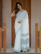 Pure White & Teal Blue Handloom Mul Cotton Saree with Minimal Striped Border & Tassel Detailing