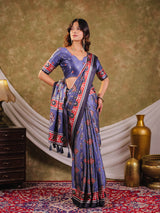 Steel Blue Pure Chinnon Ajrakh Printed Saree with Tassel Edges, Traditional Ethnic Print & Matching Blouse Piece