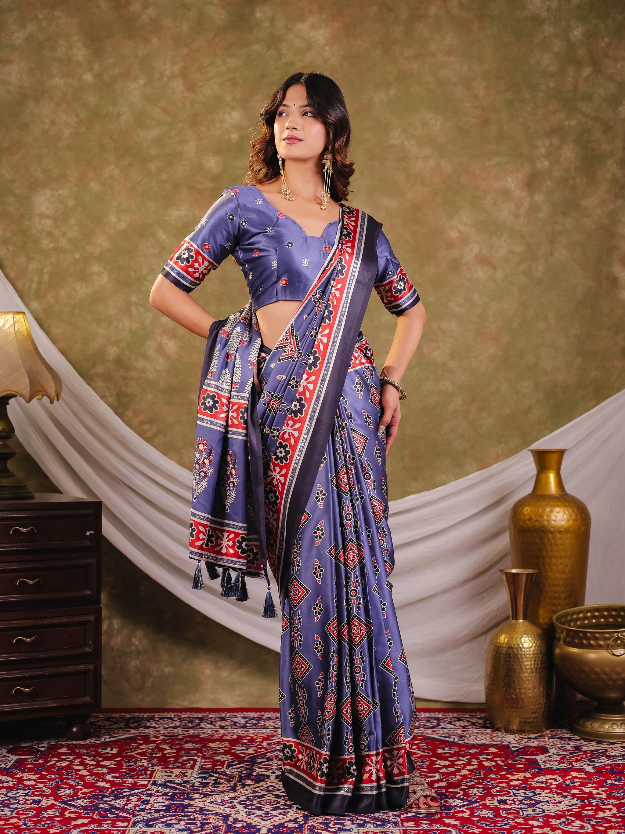 Steel Blue Pure Chinnon Ajrakh Printed Saree with Tassel Edges, Traditional Ethnic Print & Matching Blouse Piece