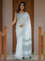 Pure White & Teal Blue Handloom Mul Cotton Saree with Minimal Striped Border & Tassel Detailing