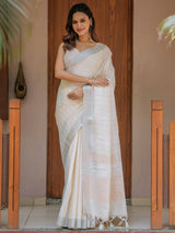 Ivory Cream Pure Handloom Mul Cotton Saree with Golden Striped Weaving & Tassel Detailing