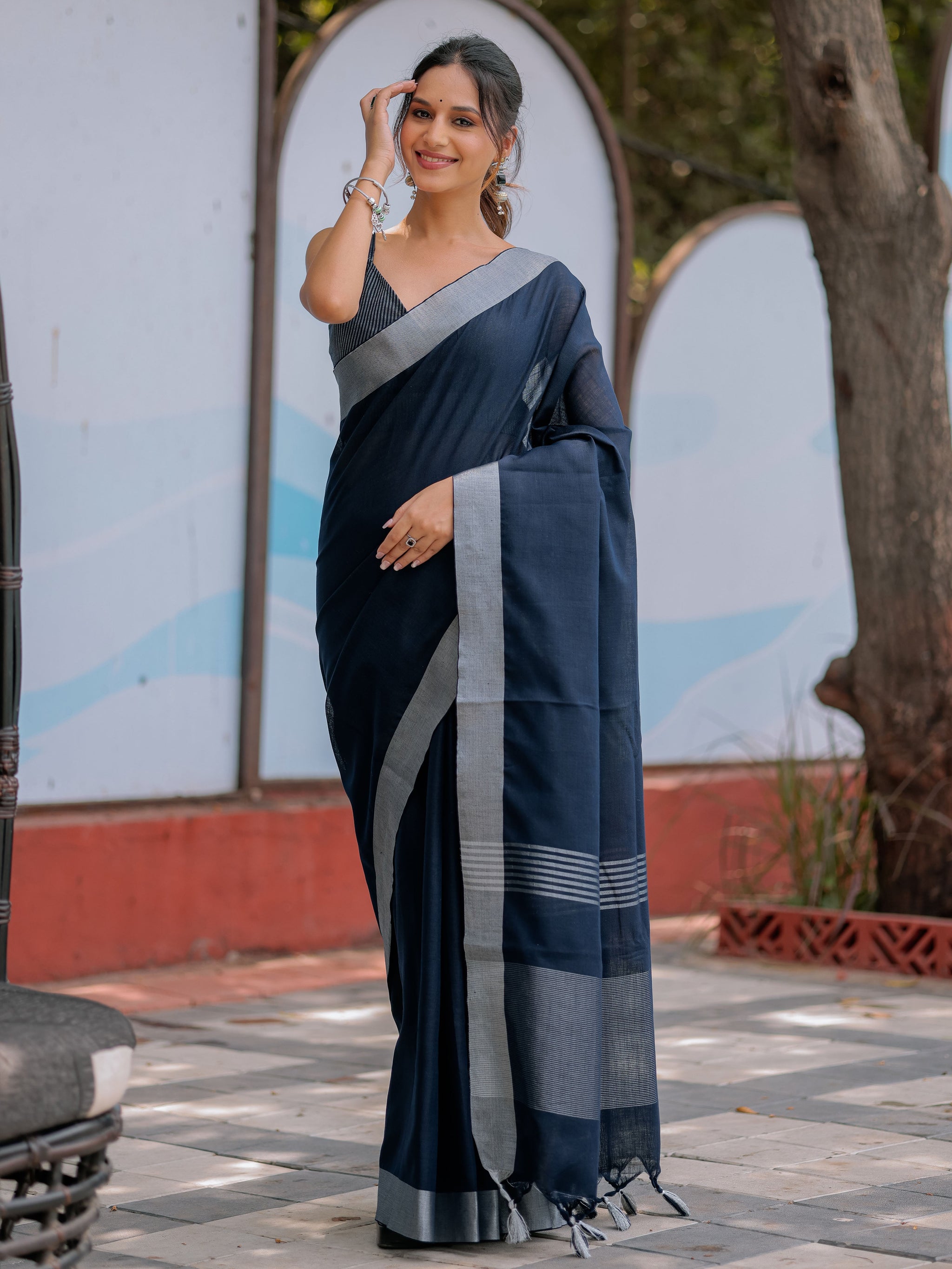 Elegant Midnight Navy Blue Pure Handloom Mul Cotton Saree with Silver Border & Tassel Detailing