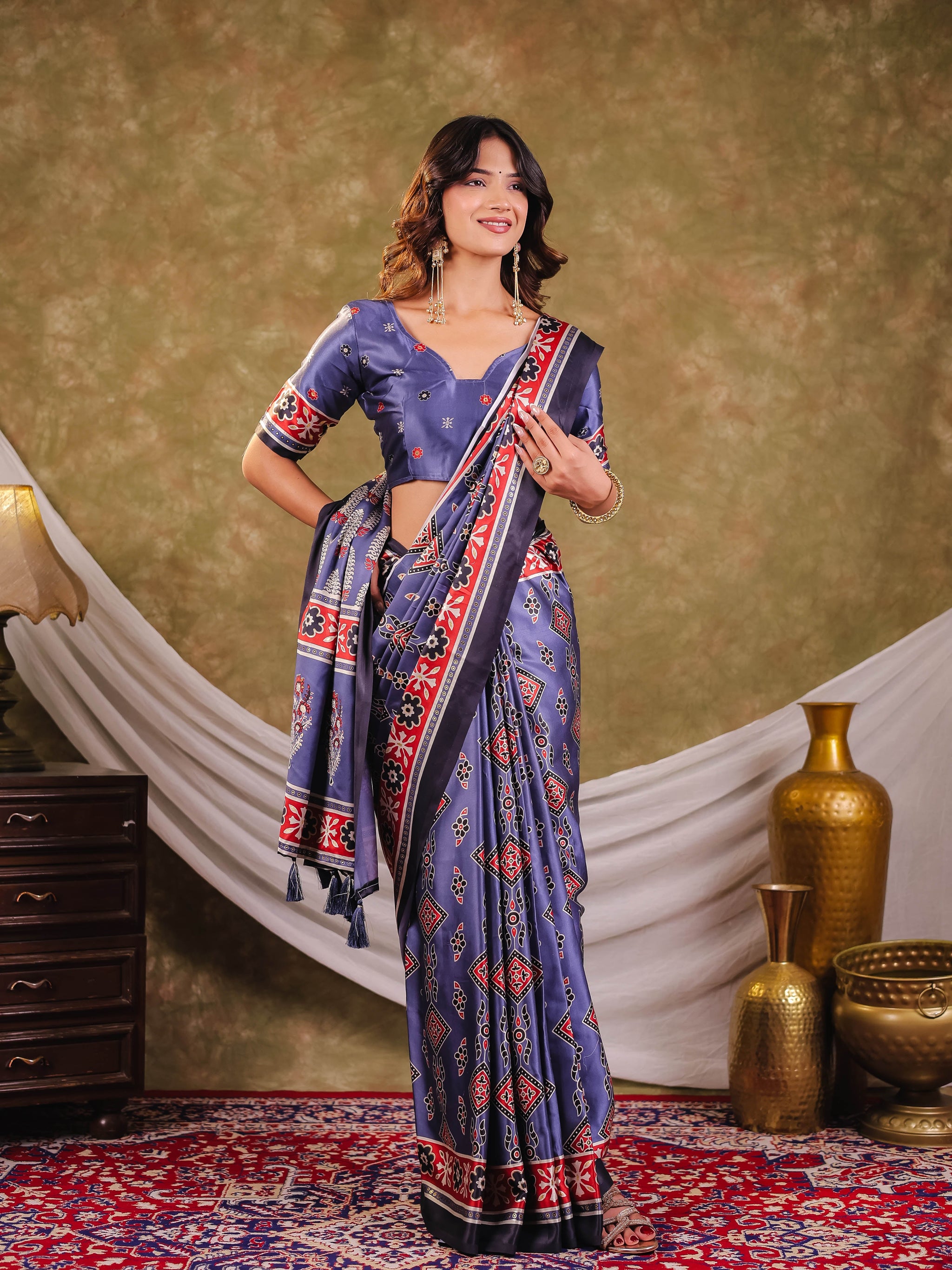 Steel Blue Pure Chinnon Ajrakh Printed Saree with Tassel Edges, Traditional Ethnic Print & Matching Blouse Piece