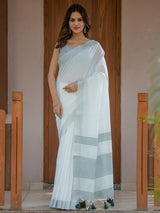 Pure White & Teal Blue Handloom Mul Cotton Saree with Minimal Striped Border & Tassel Detailing