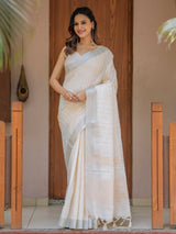 Ivory Cream Pure Handloom Mul Cotton Saree with Golden Striped Weaving & Tassel Detailing
