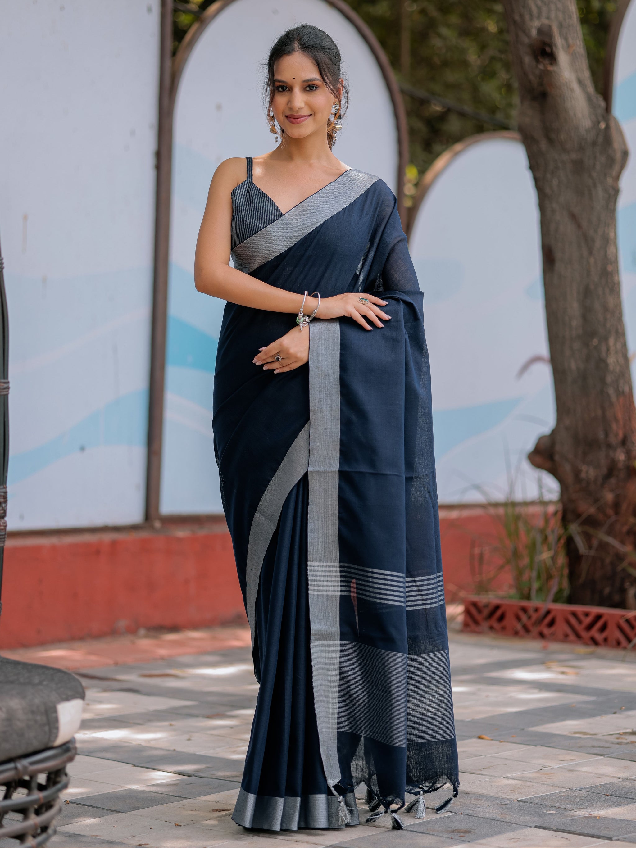 Elegant Midnight Navy Blue Pure Handloom Mul Cotton Saree with Silver Border & Tassel Detailing