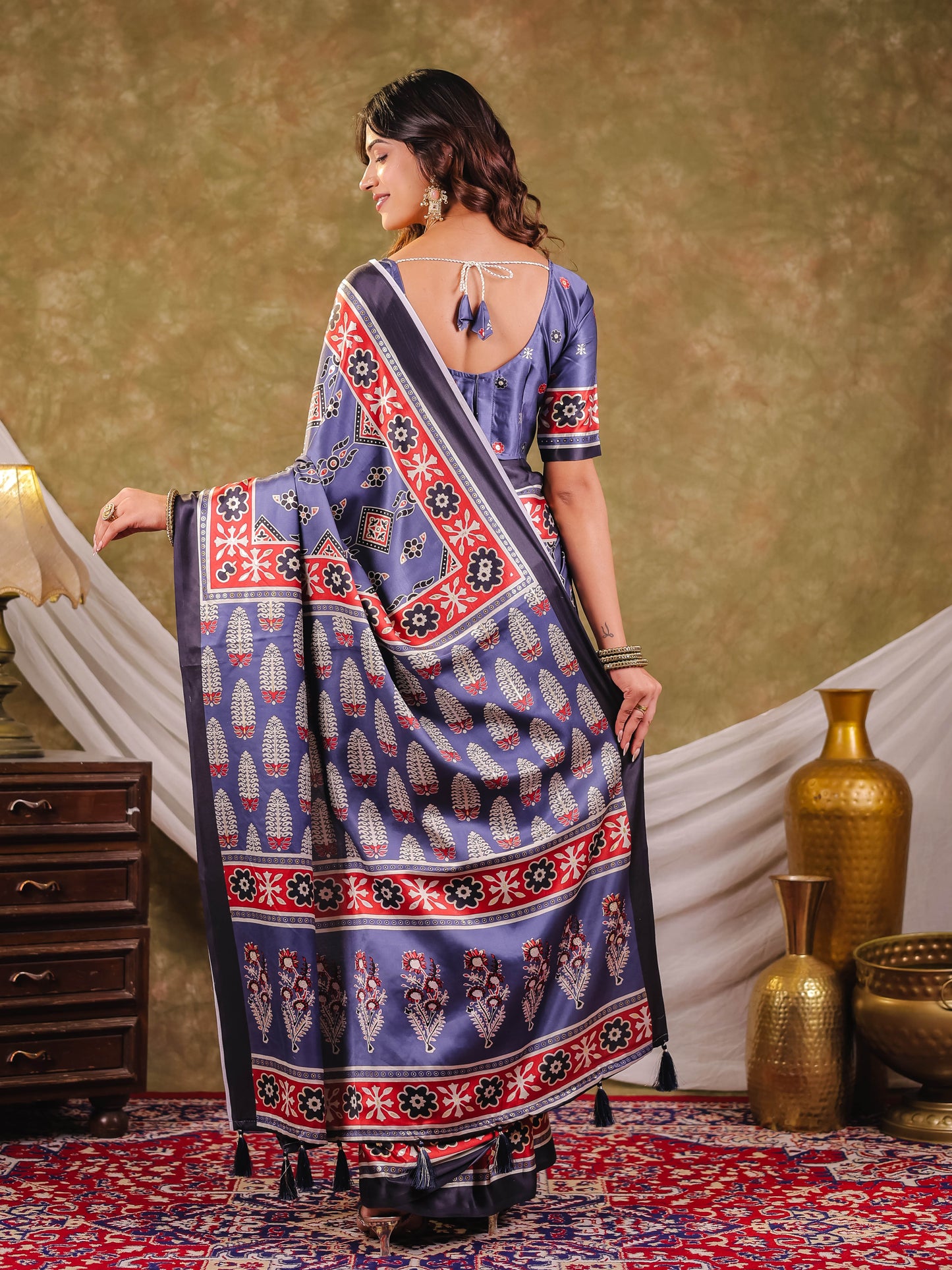 Steel Blue Pure Chinnon Ajrakh Printed Saree with Tassel Edges, Traditional Ethnic Print & Matching Blouse Piece